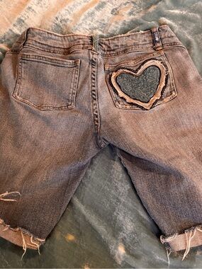 Lilu Women's Washed Denim Bermuda Shorts - Light Blue with beaded heart and trim